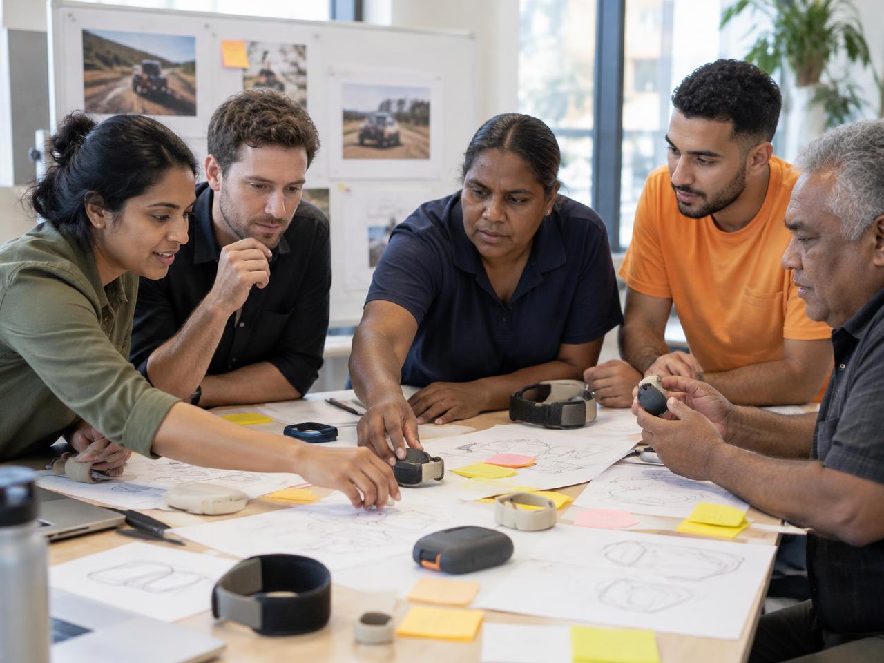 A brand team and first responders in a co-design session with prototypes and sticky notes