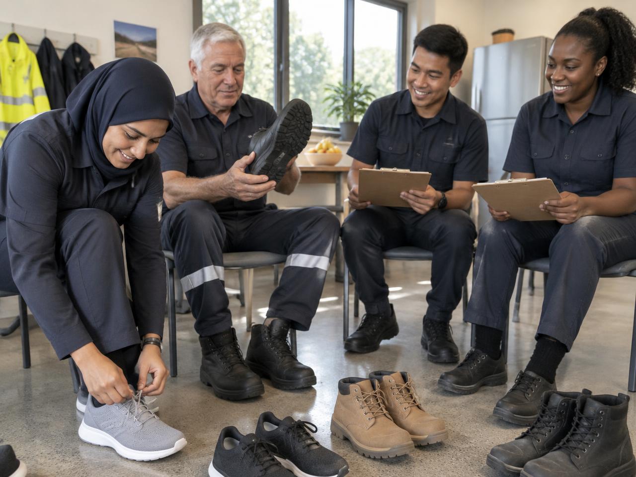 A crew trying on and rating comfortable off-shift footwear together