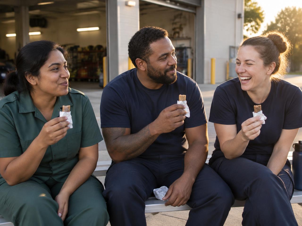 First responders taste-testing a new protein bar after a shift