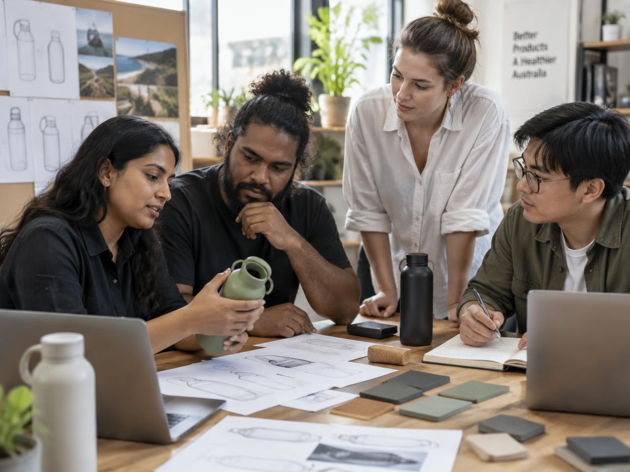A product design team reviewing a prototype in a workshop